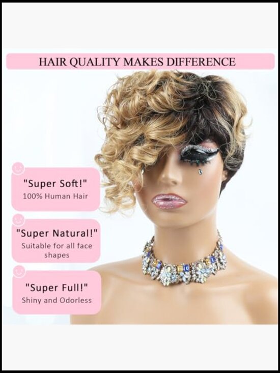 Short Pixie Cut Wig Human Hair Ombre Curly Bob with Side Bangs Glueless Full main image 5